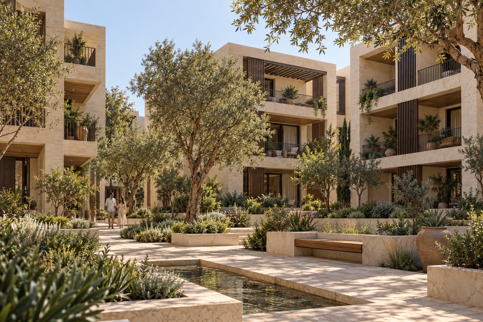 Illustrative apartment exterior with a landscaped courtyard